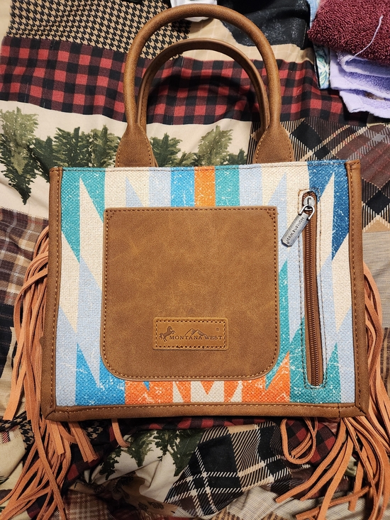 Montana West Handbags - Montana West Turquoise, Orange & Tan Aztec Fringe Tote